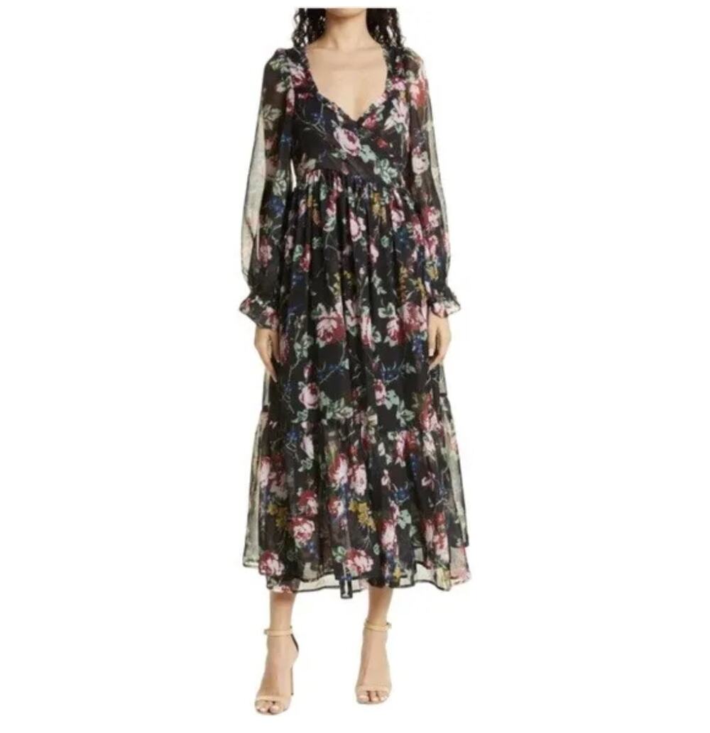 ByTimo Black Floral Chiffon Wrap Midi Dress Long Sleeve Women’s L